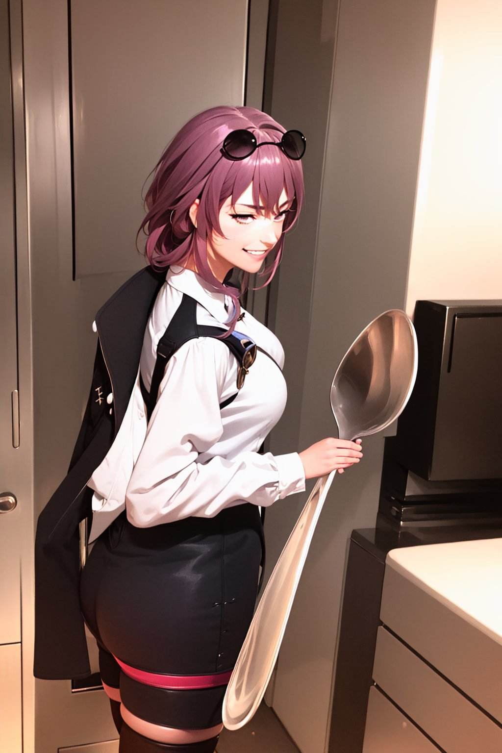 (masterpiece, best quality:1.2), <lyco:hsr_kafka-10:0.8>, <lyco:ComicallyLargeSpoon:1.0>, solo, 1girl, kafka, evil grin, comicallylargespoon, sunglasses, eyewear on head, furrowed brow, jacket, white shirt, pantyhose