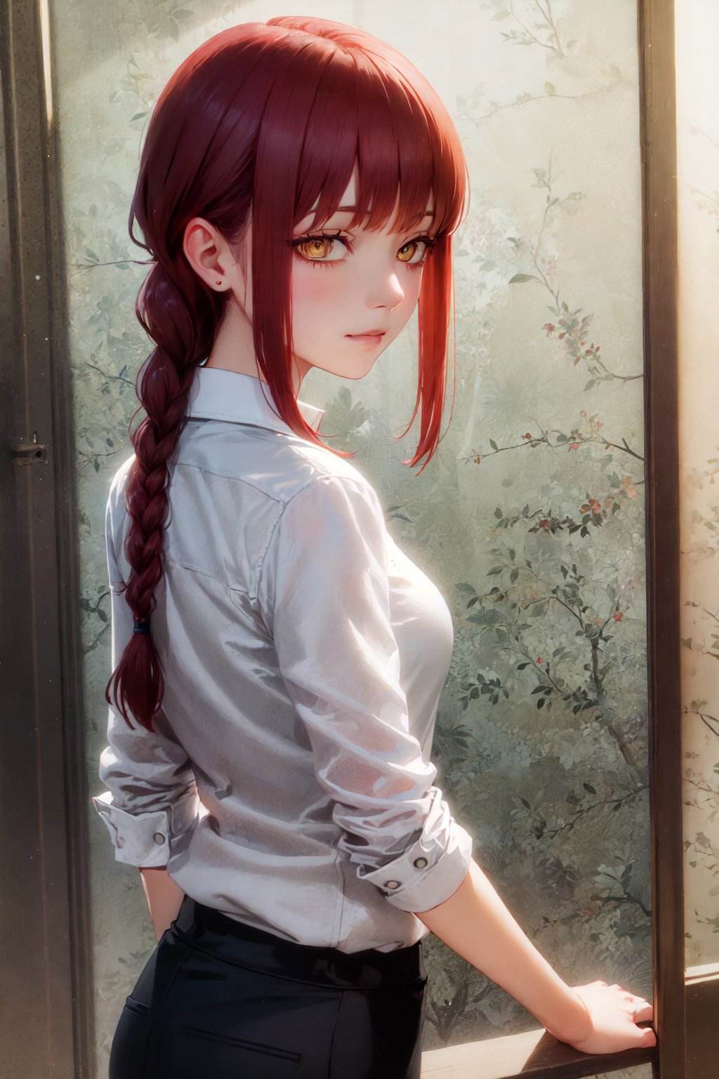 (masterpiece, best quality:1.2), <lora:csm_makima-10:1>, from behind, solo, 1girl, makima, slight smile, closed mouth, looking back, braided ponytail, ringed eyes, white shirt, black pants