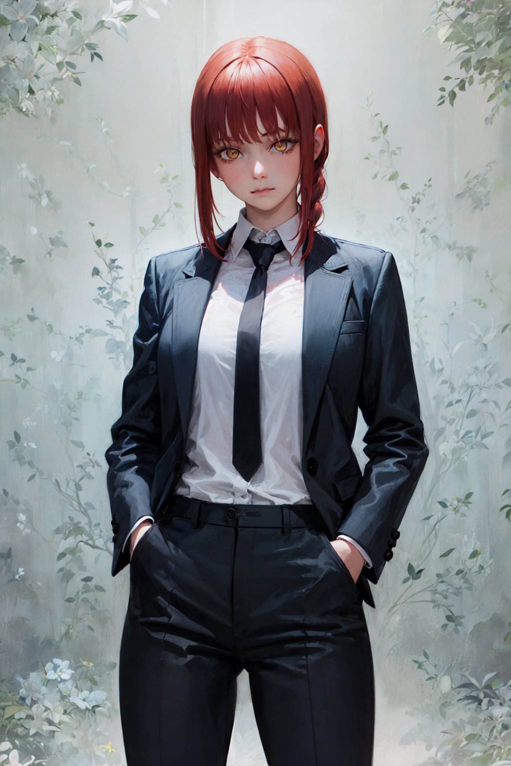 (masterpiece, best quality:1.2), <lora:csm_makima-10:1>, cowboy shot, solo, 1girl, makima, expressionless, closed mouth, looking at viewer, hands in pockets, braided ponytail, ringed eyes, formal, coat, collared shirt, black necktie, black pants