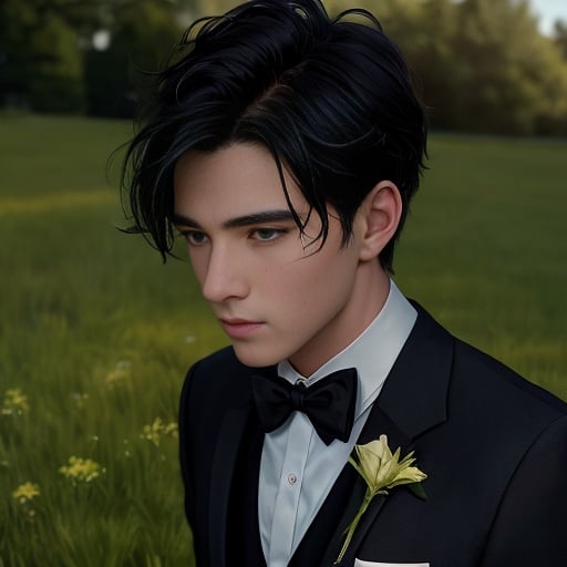 1boy, black bow, black bowtie, messy black hair, long face, perfect eyes, blurry, blurry background, blurry foreground, bow, bowtie, bush, christmas tree, closed mouth, collared shirt, depth of field, formal, grass, jacket, male focus, outdoors, shade, shirt, solo, suit, tree, a man in a suit and bow tie standing in a field of grass and flowers in the background, Cedric Seaut (Keos Masons), rendered in unreal engine, a character portrait, new objectivity