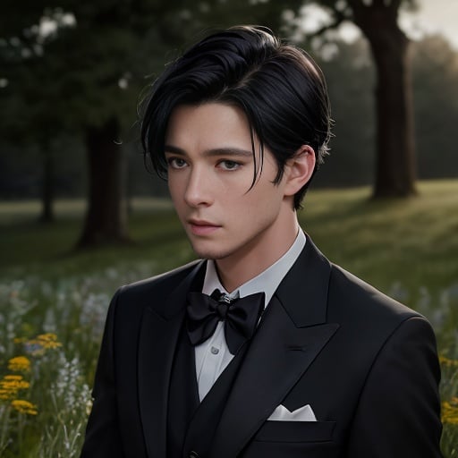 1boy, black bow, black bowtie, messy black hair, long face, perfect eyes, blurry, blurry background, blurry foreground, bow, bowtie, bush, christmas tree, closed mouth, collared shirt, depth of field, formal, grass, jacket, male focus, outdoors, shade, shirt, solo, suit, tree, a man in a suit and bow tie standing in a field of grass and flowers in the background, Cedric Seaut (Keos Masons), rendered in unreal engine, a character portrait, new objectivity
