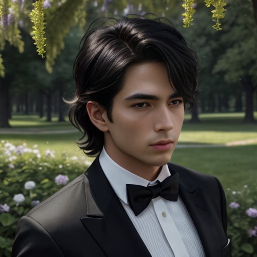 1man, black bow, black bowtie, messy black hair, blurry, blurry background, blurry foreground, bow, bowtie, bush, collared shirt, day, depth of field, field, flower, flower field, foliage, formal, garden, grass, hydrangea, male focus, nature, on grass, outdoors, path, plant, purple flower, road, shade, shirt, solo, tree, tree shade, white shirt, wisteria, a man in a suit and bow tie standing in a field of grass and flowers with a tree in the background, rendered in unreal engine, a character portrait, new objectivity, 1man, photorealistic,(masterpiece), face of man, symmetric, photorealistic, surreal, good looking, perfect anatomy, looking at viewer, humble, elegant, close to perfection, dynamic, highly detailed, character sheet, 8k photography, professional photoshoot, concept art, highly detailed, smooth, Cinematic lighting,photorealistic, masterpiece, best quality, raw photo, cleavage, Black messy hair, looking at viewer, full body focus, intricate detail, detailed background, detailed skin, pore, hdr,prefect body, photograpr hairhy–beta –ar 9:16 –s 5000 –testp –upbeta –upbeta –upbeta 
