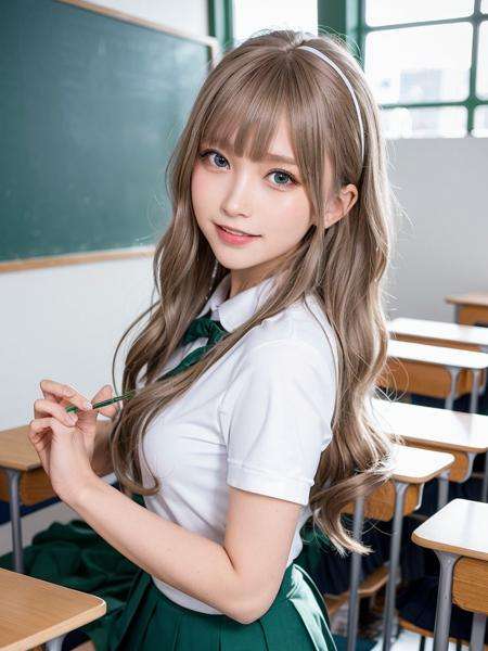 1girl, solo,(best quality),(masterpiece:1.1), (school uniform:1.4), dynamic angle, upper body, looking_at_viewer, platinum brown hair, green eyes, smile, dress, neck_ribbon, cute, clear facial skin,