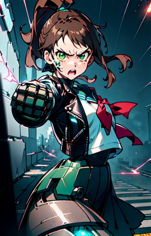 visual impact, Ultra-realistic 8k CG, masterpiece, ((ultra-detailed background, delicate pattern),best quality, very detailed face, extremely detailed eyes and face,cyberpunk,brown hair, high ponytail, green eyes,big bionic arms:1, robotic fist:1, black leather jacket ,sailor student uniform,angry:1.2,dramatic shadows,  dynamic angle, cinematic camera, dynamic pose, dramatic angle, depth of field, glow_ blue_ particle, electric particles, chromatic aberration,action camera,dynamic pose, dynamic camera,Niji Pride,Niji Kei,nijistyle,niji_dola,fate/stay background