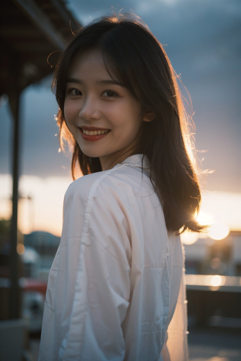 Best Quality,Masterpiece,Ultra High Resolution,(Realisticity:1.4),Original Photo,Cinematic Lighting,1Girl,smile,backlighting,sunset,