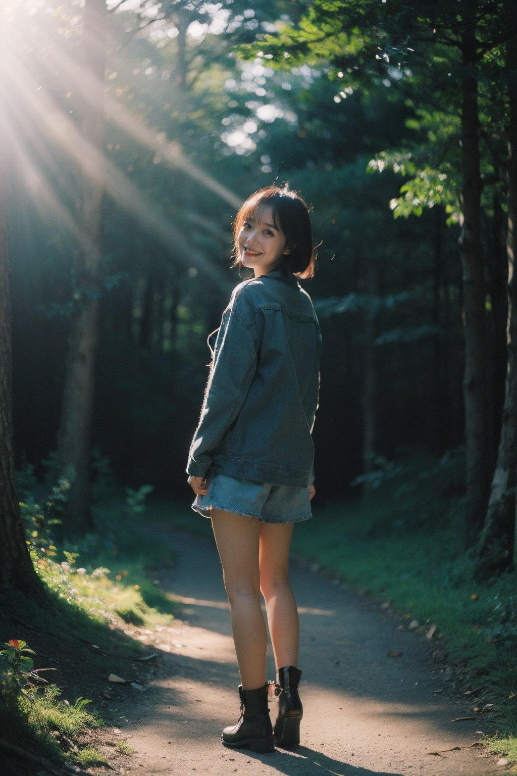 Best Quality,Masterpiece,Ultra High Resolution,(Realisticity:1.4),Original Photo,Cinematic Lighting,1Girl,smile,forest,full body,backlighting,