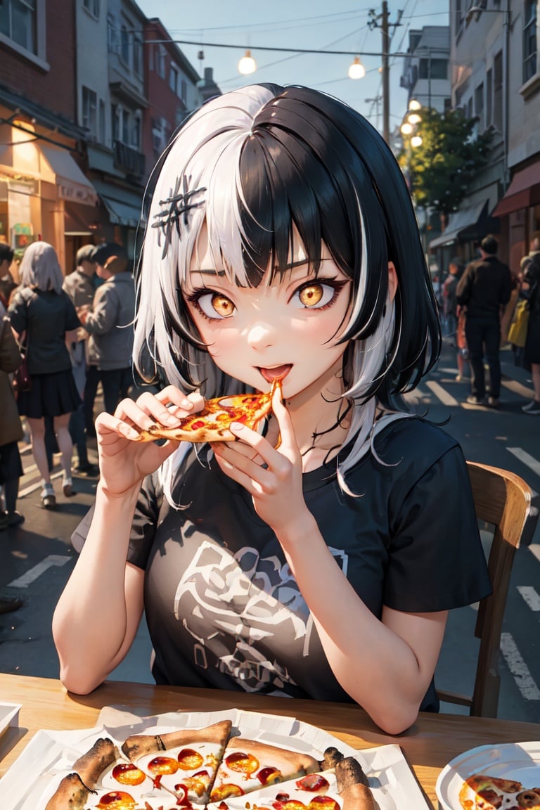 masterpiece, best quality, absurdres, 1girl, solo, ShioriNovella, split-color hair, hair ornament, t-shirt, eating, table, upper body, pizza, happy, lamp, outdoors, street, lamppost, <lora:CHAR-ShioriNovella_v1.0:1>