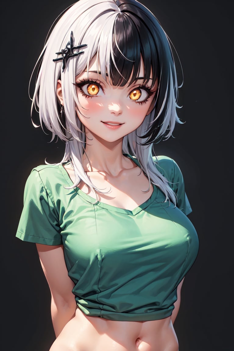 masterpiece, best quality, absurdres, perfect anatomy, 1girl, solo, ShioriNovella, split-color hair, hair ornament, t-shirt, short sleeves, green shirt, collarbone, upper body, smile, thick eyelashes, mascara, make-up, (glowing eyes), arms behind back, simple background, <lora:CHAR-ShioriNovella_v1.0:0.8>