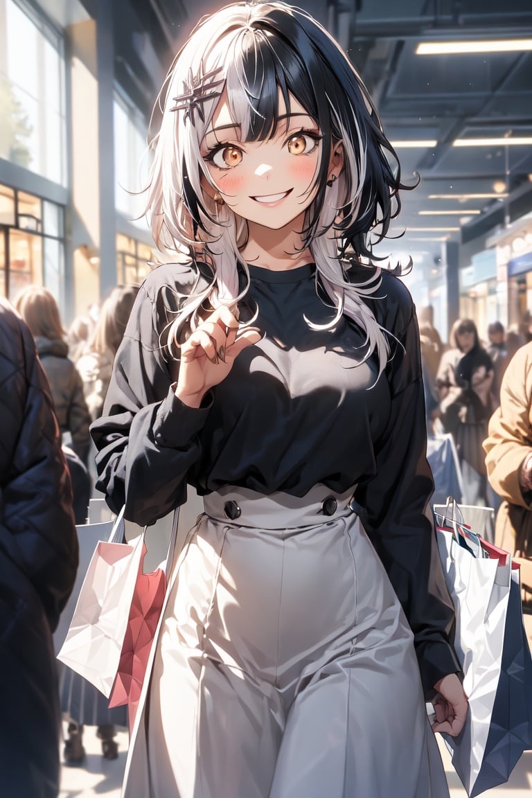 masterpiece, best quality, absurdres, perfect anatomy, 1girl, solo, ShioriNovella, split-color hair, hair ornament, high-waist skirt, long skirt, white skirt, black shirt, long sleeves, smile, standing, indoors, shopping mall, <lora:CHAR-ShioriNovella_v1.0:0.8>