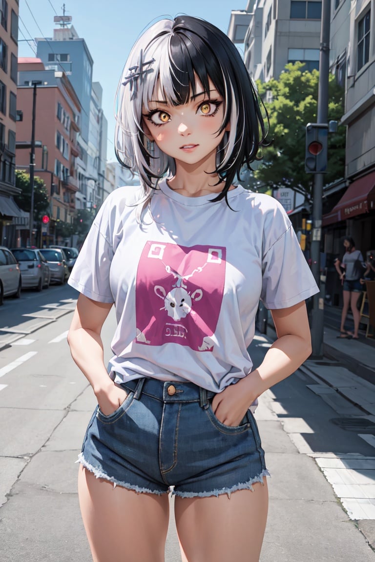 masterpiece, best quality, absurdres, perfect anatomy, 1girl, solo, ShioriNovella, split-color hair, hair ornament, graphic tee, short sleeves, denim shorts, standing, outdoors, city, hands in pockets, cowboy shot, <lora:CHAR-ShioriNovella_v1.0:1>