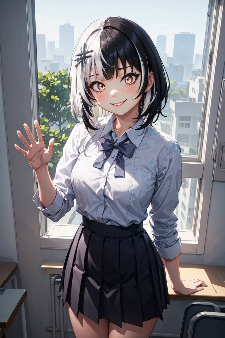 masterpiece, best quality, absurdres, perfect anatomy, 1girl, solo, ShioriNovella, split-color hair, hair ornament, classroom, window, school uniform, dress shirt, pleated skirt, waving at viewer, smile, <lora:CHAR-ShioriNovella_v1.0:0.9>