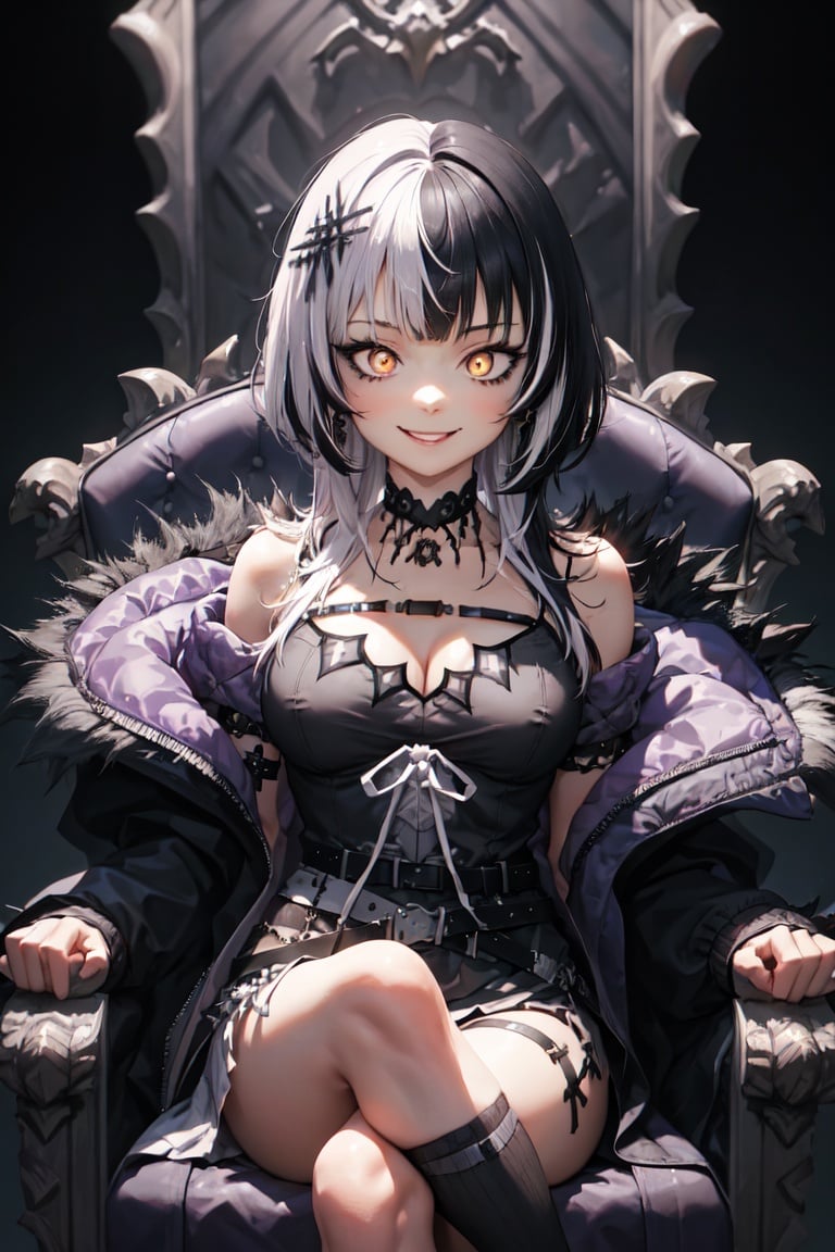 masterpiece, best quality, absurdres, perfect anatomy, 1girl, solo, ShioriNovella, split-color hair, hair ornament, choker, black dress with white ribbon, black jacket, off shoulder, belt, asymmetrical legwear, smile, bright eyes, crazy eyes, make-up, sitting, throne, crossed legs, large breasts, <lora:CHAR-ShioriNovella_v1.0:1>