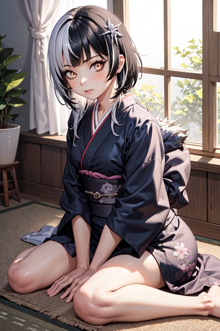 masterpiece, best quality, absurdres, perfect anatomy, 1girl, solo, ShioriNovella, split-color hair, hair ornament, indoors, kimono, hair flower, floral print, wariza, sitting, hands on own knees  <lora:CHAR-ShioriNovella_v1.0:1>