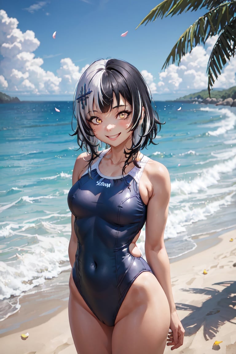 masterpiece, best quality, absurdres, 1girl, solo, ShioriNovella, split-color hair, black hair, collarbone, hair ornament, outdoors, beach, one-piece swimsuit, smile, laughing, palm tree, petals, sun, clouds, ocean, waves, curvy, sleeveless, arms behind back, leaning forward, <lora:CHAR-ShioriNovella_v1.0:1>