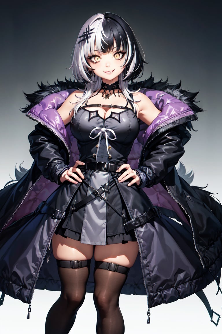 masterpiece, best quality, absurdres, perfect anatomy, 1girl, solo, ShioriNovella, split-color hair, hair ornament, choker, black dress with white ribbon, black jacket, off shoulder, belt, asymmetrical legwear, smile, bright eyes, crazy eyes, make-up, standing, hands on hips, large breasts, <lora:CHAR-ShioriNovella_v1.0:1>