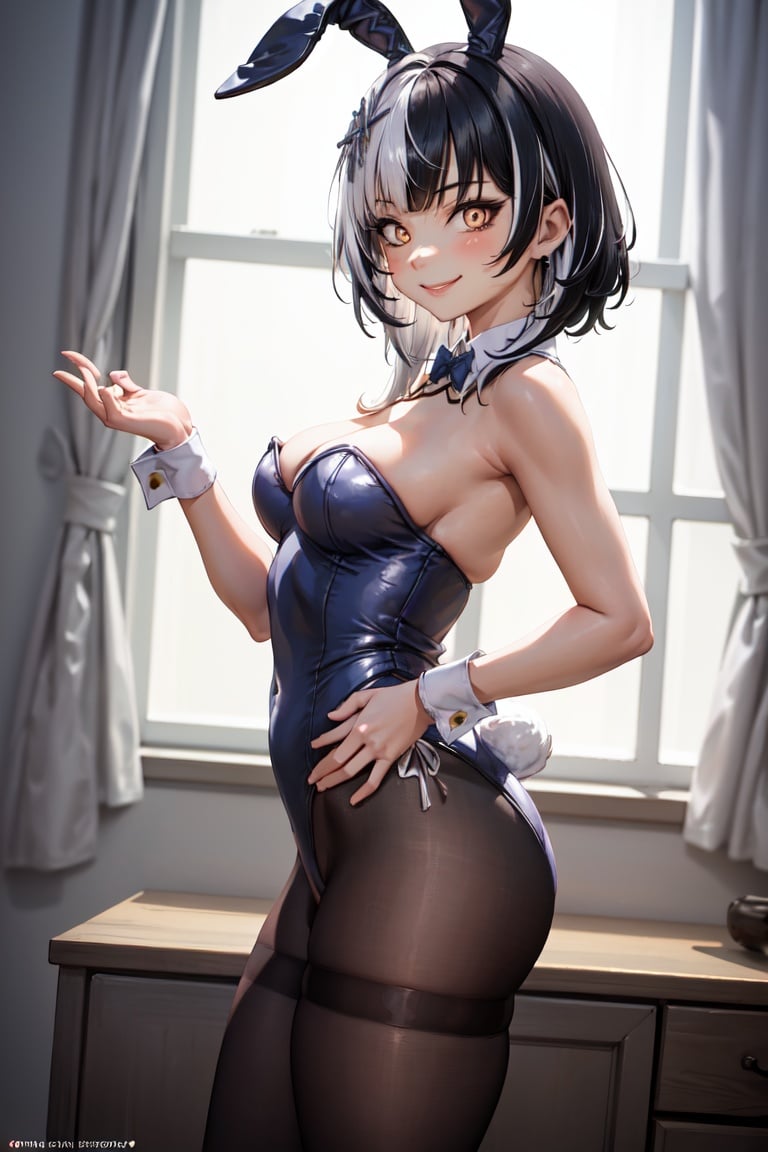 masterpiece, best quality, absurdres, perfect anatomy, 1girl, solo, ShioriNovella, split-color hair, hair ornament, wrist cuffs, playboy bunny, leotard, pantyhose, fake bunny ears, from side, contrapposto, smile, dynamic pose, cowboy shot, indoors, bedroom, <lora:CHAR-ShioriNovella_v1.0:1>