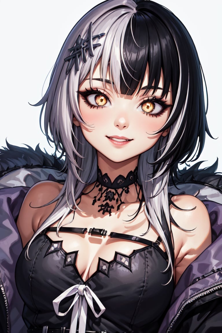 masterpiece, best quality, absurdres, perfect anatomy, 1girl, solo, ShioriNovella, split-color hair, hair ornament, choker, black dress with white ribbon, black jacket, off shoulder, belt, upper body, portrait, smile, bright eyes, crazy eyes, make-up, <lora:CHAR-ShioriNovella_v1.0:1>