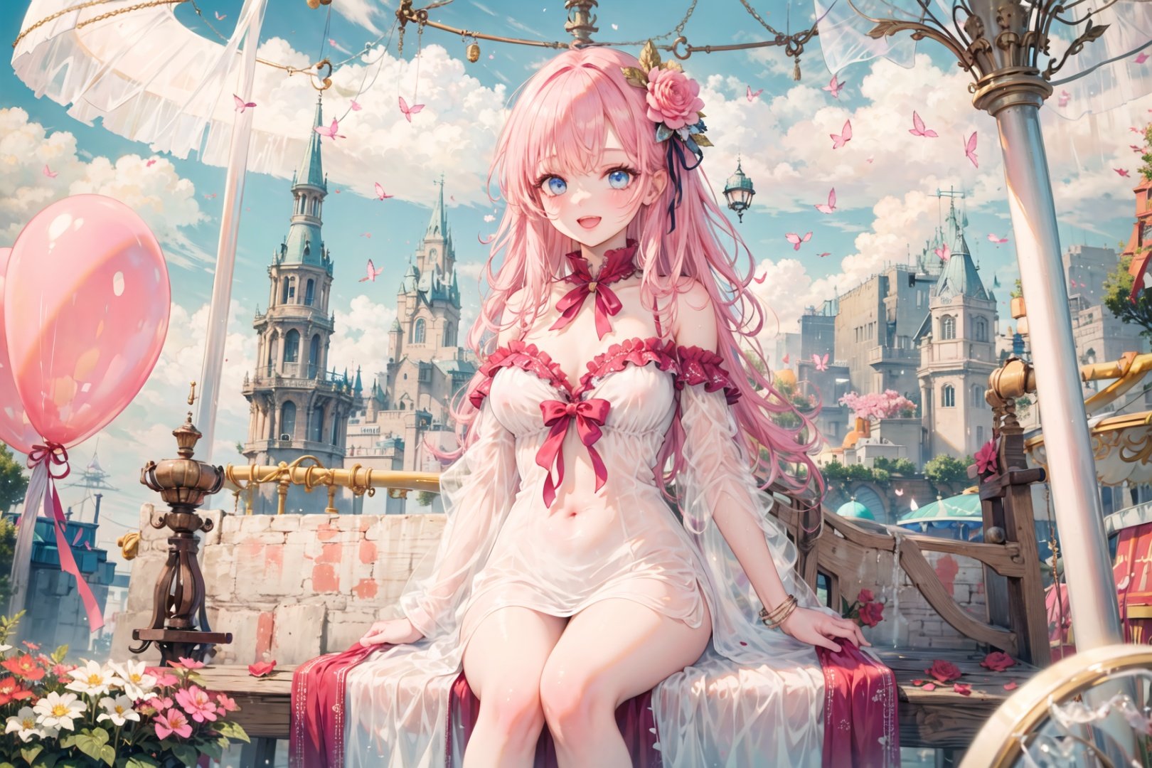 (extremely detailed CG unity 8k wallpaper),(((masterpiece))), (((best quality))), ((ultra-detailed)), (best illustration),(best shadow), ((anextremely delicate and beautiful)),dynamic angle,floating,1girl,(((girl in the amusement park))),flower_hair_ornament,lots of balloon, flowing_hair, very_long_pink_hair, blue_eyes, flowers fill the screen,wet see-through dress,{sitting,sitting on the merry-go-round},pink and magic merry-go-roundsmile, open_mouth, pink butterflies hair_ornament, bangs,extremely kawaii pink_dress, pink_hair, solo, bare_shoulders,bare navel,bare breast,medium_breast,{an extremely delicate and fantasyfairyland}, :d, bubble fill the screen, hair_flower, bow, rose, red_flower