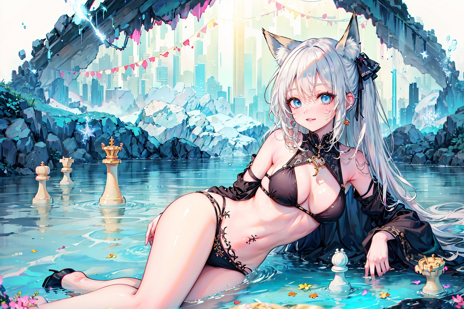 [(white background:1.12)::20],
((masterpiece)), (((best quality))), ((ultra-detailed)), ((illustration)), detailed background , isometric,(chromatic aberration:1.2),
//
1girl,[(loli:1.25)::1],on side,lying on,water,skin fang,blue eyes,silver hair,(colored tips,colored inner hair:1.35),fox ears,fox tail,side ponytail,side braid,hair ribbon,bell,tassel,wavy hair,untied bikini, mismatched legwear, black legwear, white legwear,heart cutout,midriff,cape,detached sleeves,[(facial tattoo,obsequious smile)::5],
//
(floating chess piece:1.155),jewelry,gem,kakera,kareido (kaleidoscope),will-o'-the-wisp (mythology),exeggutor,meteos,linith,cave,
//
((visual impact,fantasy,chromatic aberration)),