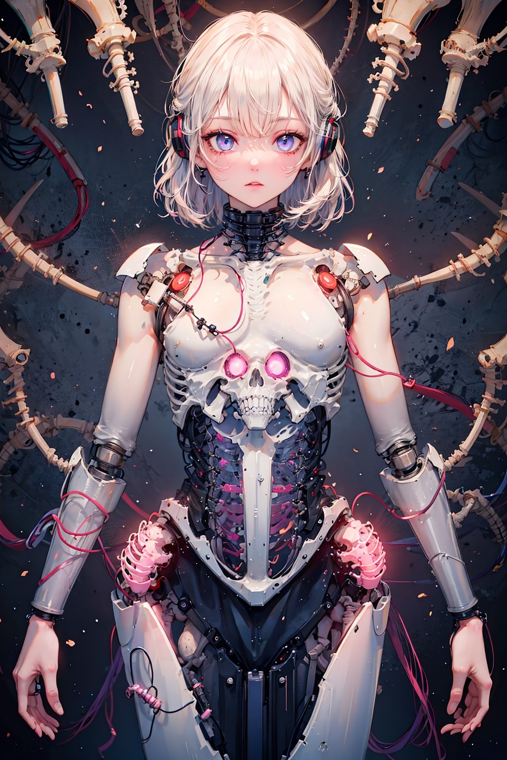 (flat color),colorful,(masterpiece:1.2), best quality, masterpiece, highres, original, extremely detailed 8k cg wallpaper, looking at viewer, white background, detailed face, intricate mechanical bodysuit, masterpiece, best quality, original_alice, pale skin, expressionless, mecha bodystocking, sci-fi, cybernetic, earphones, blue, purple, (neon trim,glowing neon lights), (exposed bones, anatomy), [exo-skeleton body, mecha skeleton, rib cage, hip bones, backbones],
cowboy shot, outerspace,