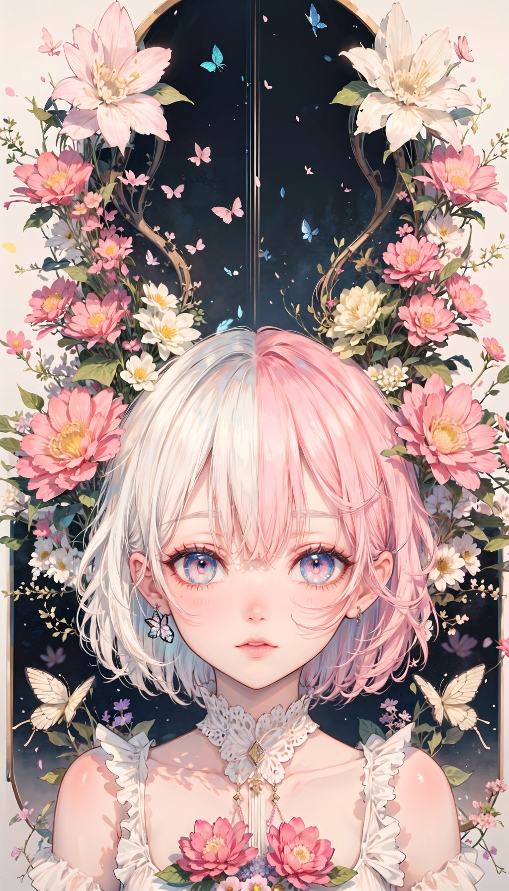 [(white background:1.4)::5], fantasy, isometricgirls,girl1 and girl2,symmetrical,(gril1:lightpink hair),(gril2:white hair ),symmetry,((Flowers with human eyes, Flower eyes)), double exposure, fussion of Fluid abstract art,glitch, (2D), (Original illustration composition), (fusion of limited color,Maximalism artstyle,Geometric artstyle,Butterflies,Junk art) ,((Classic decorative border)),(((portrait))), ((upper body))