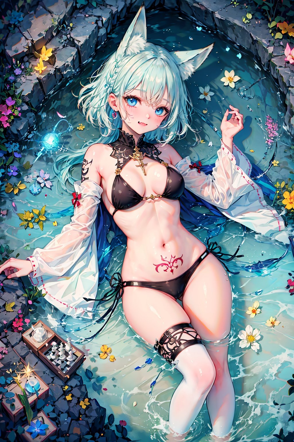 [(white background:1.12)::20],
((masterpiece)), (((best quality))), ((ultra-detailed)), ((illustration)), detailed background , isometric,(chromatic aberration:1.2),
//
1girl,[(loli:1.25)::1],on side,lying on,water,skin fang,blue eyes,silver hair,(colored tips,colored inner hair:1.35),fox ears,fox tail,side ponytail,side braid,hair ribbon,bell,tassel,wavy hair,untied bikini, mismatched legwear, black legwear, white legwear,heart cutout,midriff,cape,detached sleeves,[(facial tattoo,obsequious smile)::5],
//
(floating chess piece:1.155),jewelry,gem,kakera,kareido (kaleidoscope),will-o'-the-wisp (mythology),exeggutor,meteos,linith,cave,
//
((visual impact,fantasy,chromatic aberration)),