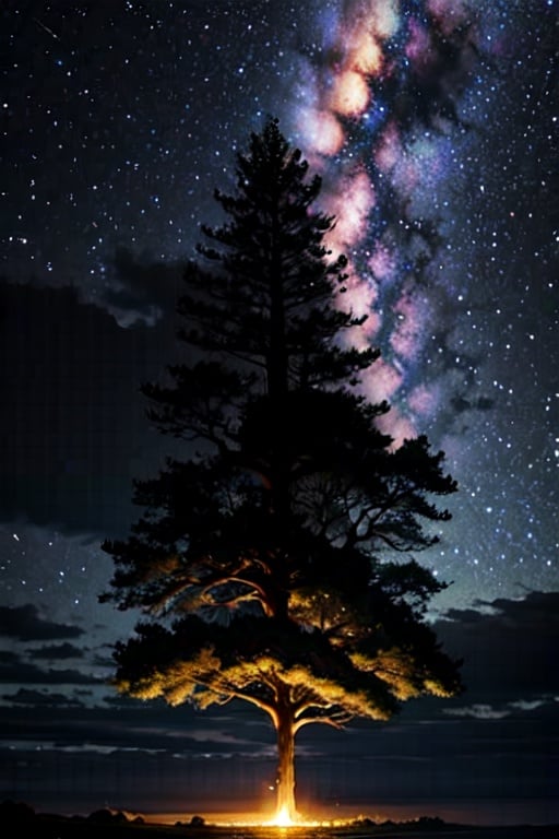 galaxy sky, big tree, dramatic atmosphere, flying island, waterfall.