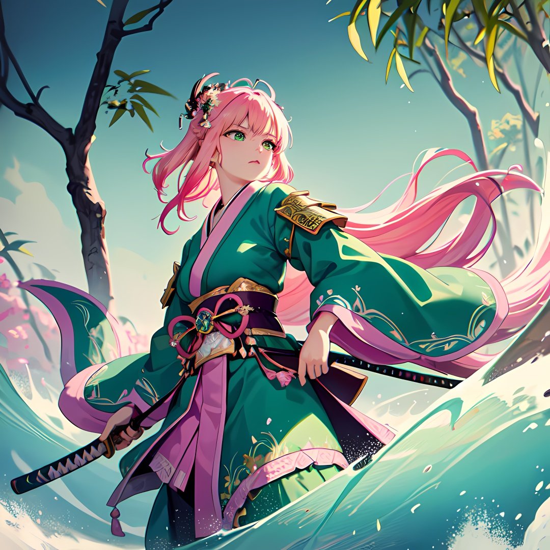 (Masterpiece,high definition, best quality, superior quality, intricate details, beautiful aesthetic:1.2),high quality, 8k, raw, ultra details, extremely detailed and beautiful,A fierce samurai warrior maiden wields a glowing pink katana as she battles an ancient green dragon amidst a magical misty bamboo forest, ribbons and leaves swirling around her. Dynamic action pose, flowing pink and green fabrics, neon lighting, intricate armor details. Japanese fantasy landscape. 8K HD --ar 2:3 --s 400 --niji 5，Girl Facing Dragon,Back to camera,Lens hyperopia