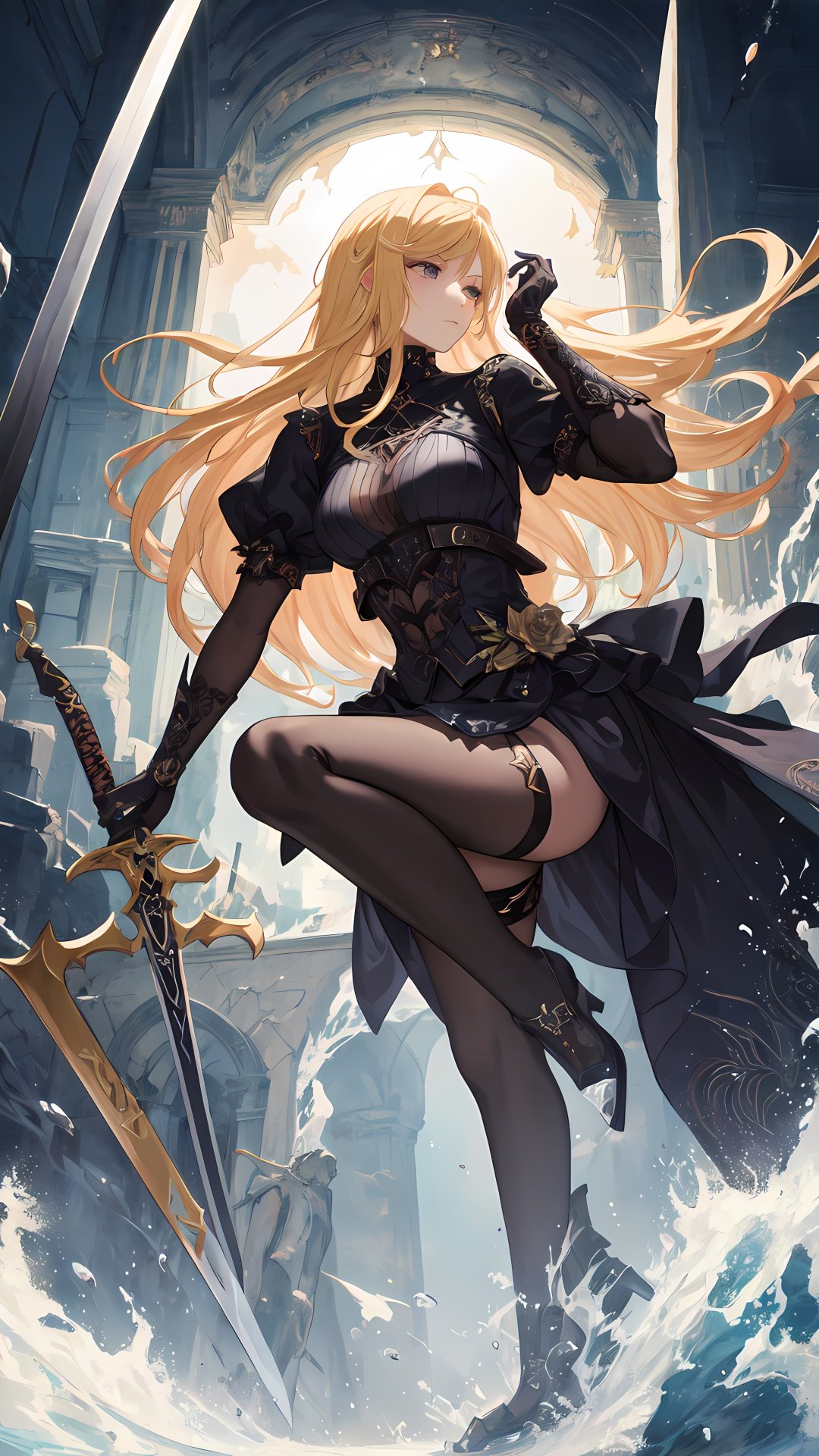 a detailed fallen female angel, black clothing, detailed face, blonde hair, dynamic pose, looking away, war, battle, sword, gothic atmosphere, sharp focus, photo lighting, intricately detailed art, fantastical, beautifully color graded, Unreal Engine, splash screen, complementary colors, fantasy concept art, 16k resolution, digital art, heavy strokes,, (waifu, anime, exceptional, best aesthetic, new, newest, best quality, masterpiece, extremely detailed:1.2),