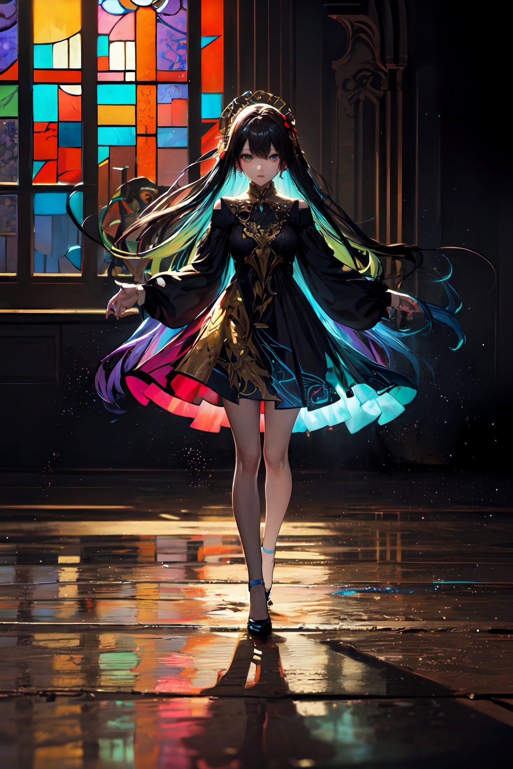 Women, Stained Glass Dress, Colored, Rainbow Background, Gold Stained Glass Weave, Rainbow Theme, Full Body, Exposure Blend, Medium Shot, Bokeh, (HDR:1.4), High Contrast, (Cinematic, Red & Cyan :0.85), (muted colors, subdued colors, calming tones:1.3), low saturation,,