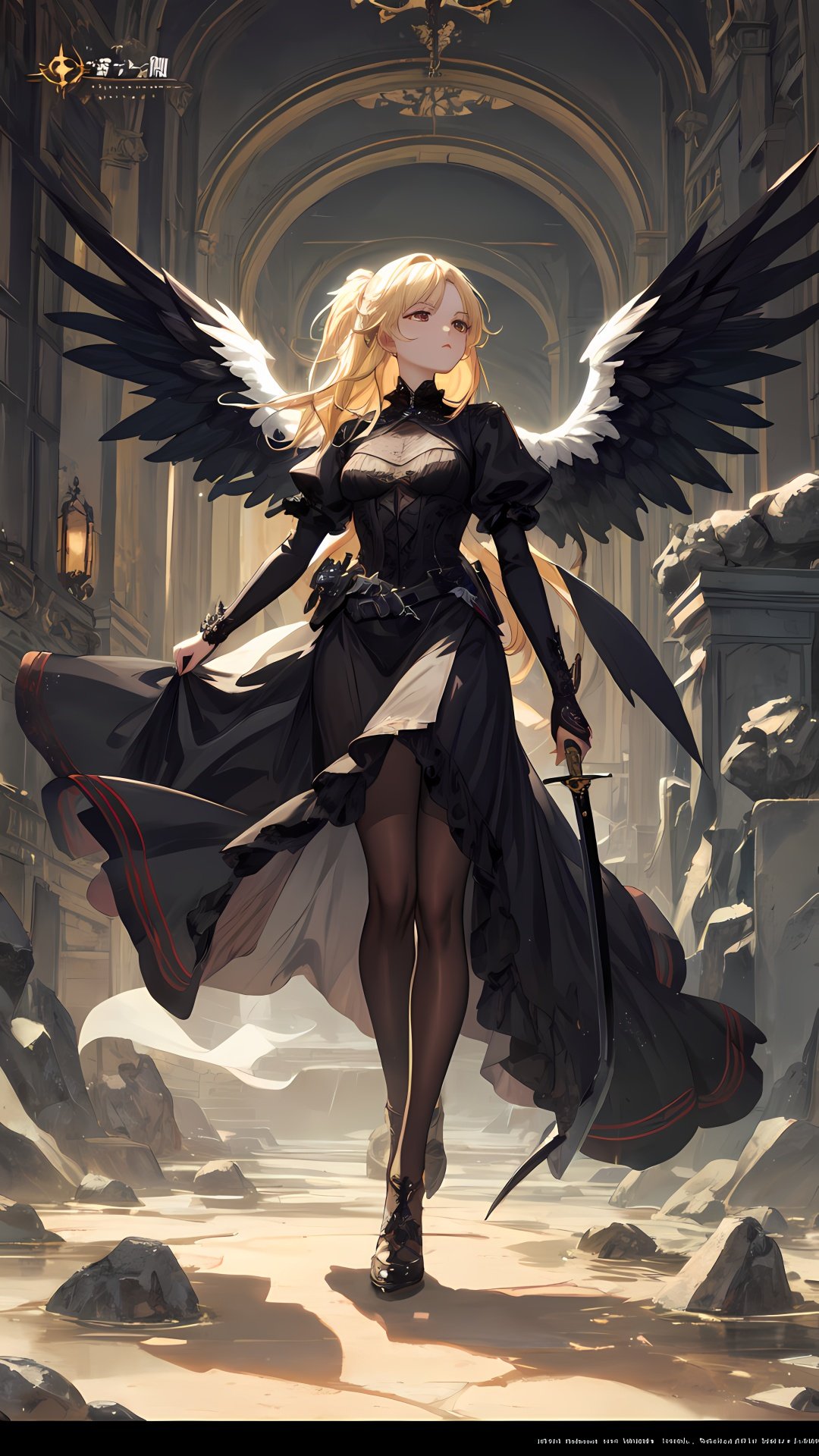 Full body,a detailed fallen female angel, black clothing, detailed face, blonde hair, dynamic pose, looking away, war, battle, sword, gothic atmosphere, sharp focus, photo lighting, intricately detailed art, fantastical, beautifully color graded, Unreal Engine, splash screen, complementary colors, fantasy concept art, 16k resolution, digital art, heavy strokes,, (waifu, anime, exceptional, best aesthetic, new, newest, best quality, masterpiece, extremely detailed:1.2),<lora:add_detail:0.32>