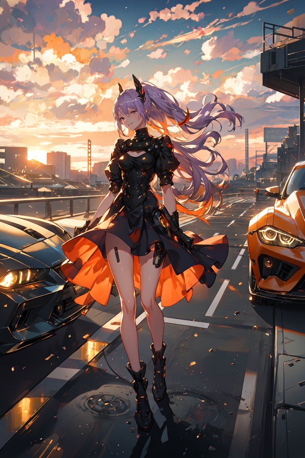 realistic, 1girl, ponytail, 1girl, motion shot, happily smile, cheeky expression, machine appendages in matching pairs, (hair blowing in wind), (white and orange robot), (white and purple hair), cute features, braids on boths sides, flat chested, long hair, full body, racetrack, (white and orange sports car), futiristic, mecha, yorha no. 2 type b, dynamic lighting, cinematic, realism, realistic, photo real, sunset, detailed, high contrast, denoised, centered, bokeh