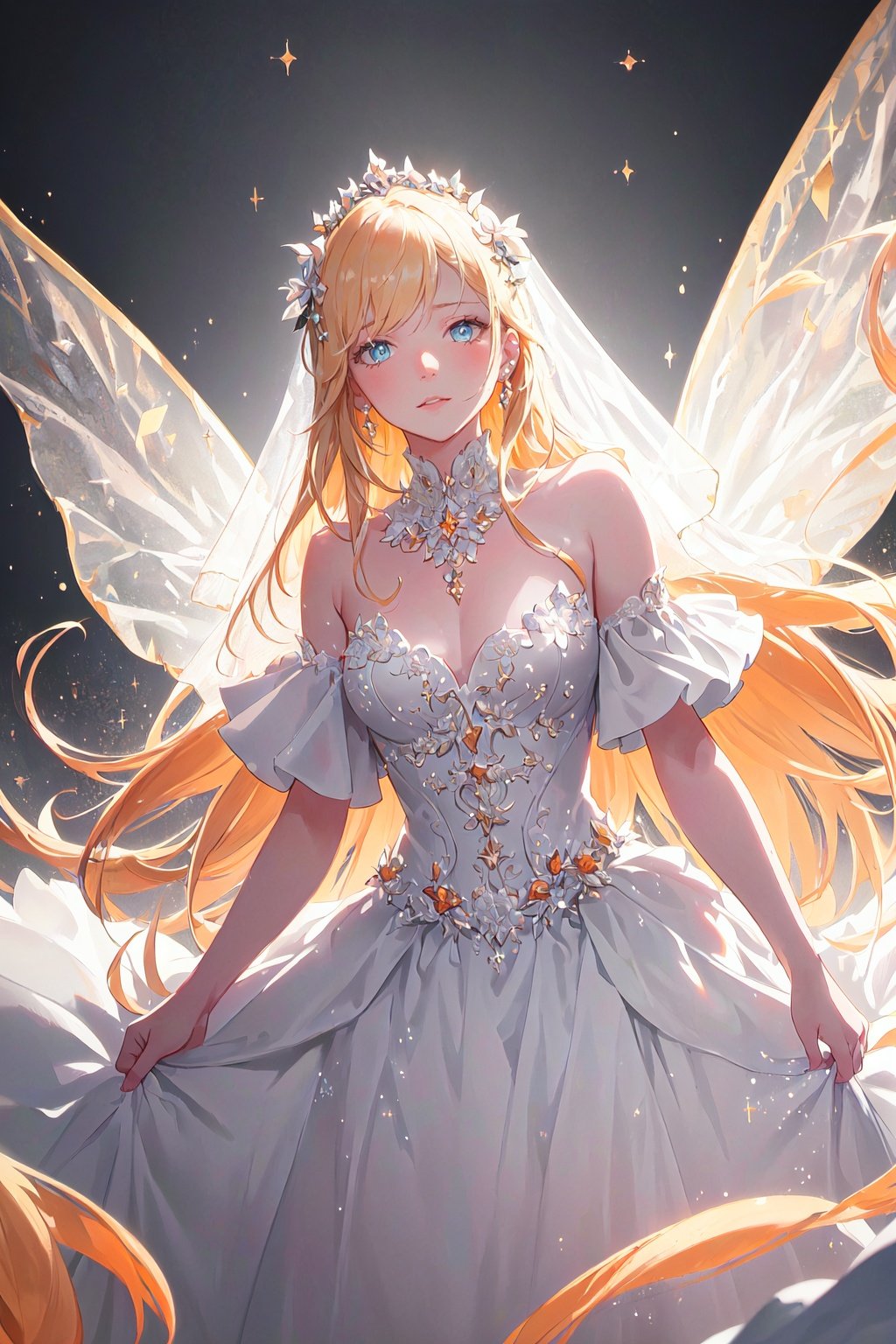 Story, sparkling beautiful eyes, blonde hair, bride posing under a fairy tale, elaborate scene style, glitter, orange, realistic style, 8k,exposure blend, medium shot, bokeh, (hdr:1.4), high contrast, (cinematic, dark orange and white film), (muted colors, dim colors, soothing tones:1.3), low saturation, (hyperdetailed:1.2), (noir:0.4),1 girl