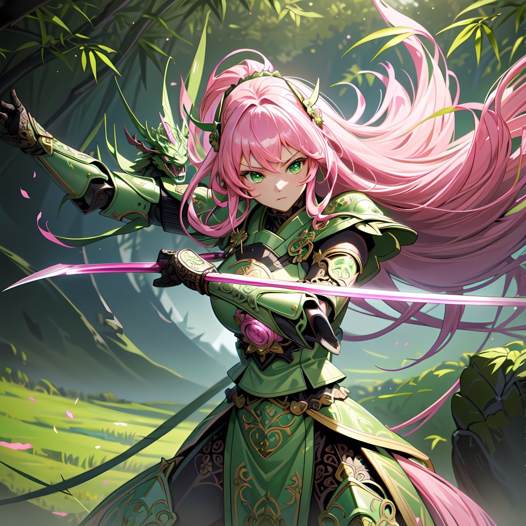 (Masterpiece,high definition, best quality, superior quality, intricate details, beautiful aesthetic:1.2),high quality, 8k, raw, ultra details, extremely detailed and beautiful,A fierce samurai warrior maiden wields a glowing pink katana as she battles an ancient green dragon amidst a magical misty bamboo forest, ribbons and leaves swirling around her. Dynamic action pose, flowing pink and green fabrics, neon lighting, intricate armor details. Japanese fantasy landscape. 8K HD --ar 2:3 --s 400 --niji 5，Girl Facing Dragon,Back to camera,Lens hyperopia <lora:AMechaSSS%5Bcolor_theme%2Cmecha%20musume%2C%20mechanical%20parts%2Crobot%20joints%2Cheadgear%5D:1>mecha musume,mechanical parts