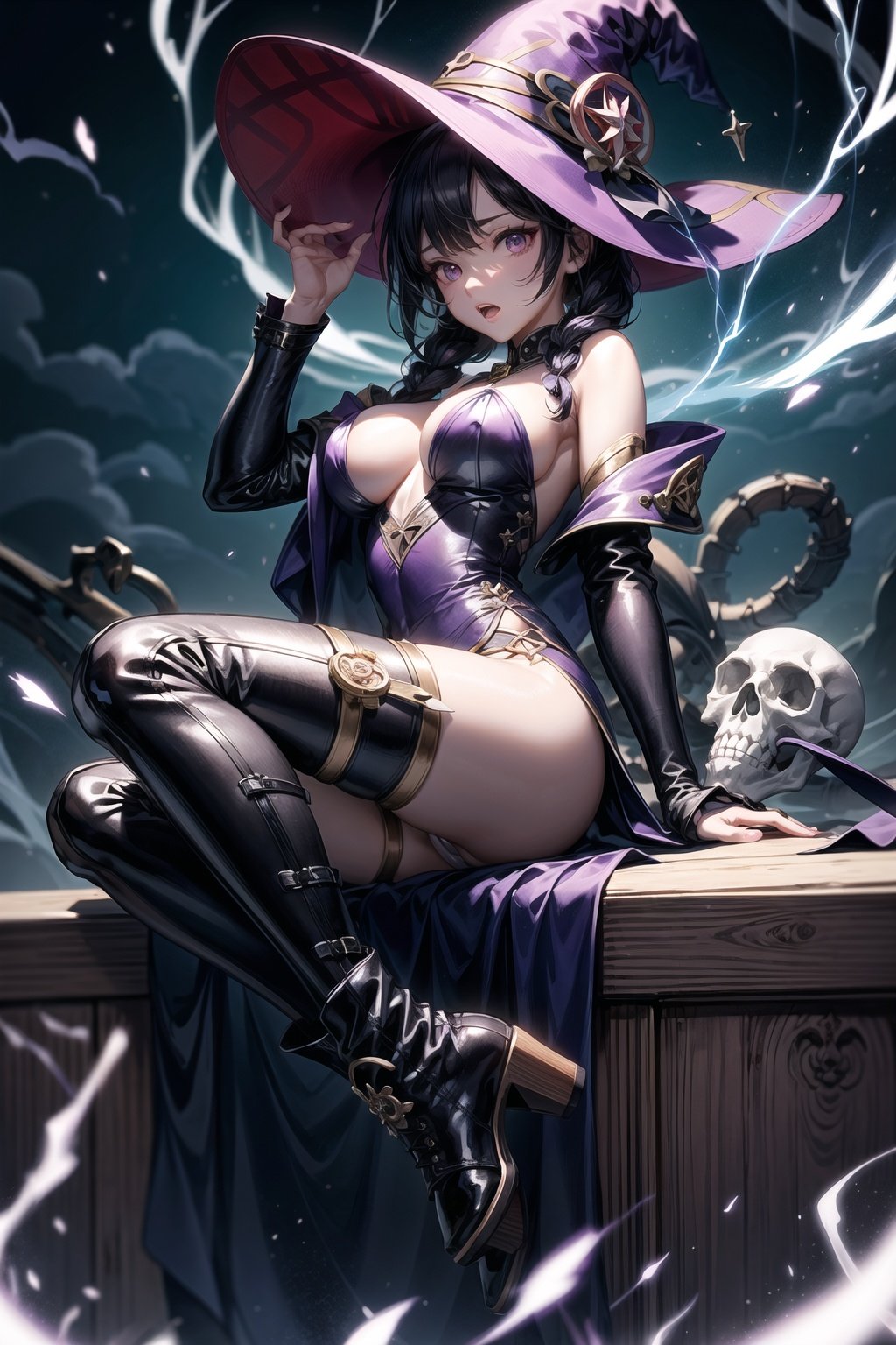 (masterpiece, best quality:1.1), ghibli style, solo ,Orgasm,weiboZH,TinkerWaifu (masterpiece), best quality, expressive eyes, perfect face, big breasts and covered nipples, skinny, skulls, purple dust, electricity, thunder, black dress, biker boots, witch hat made of bones, purple aura, white eyes, short black hair , mona (genshin impact)