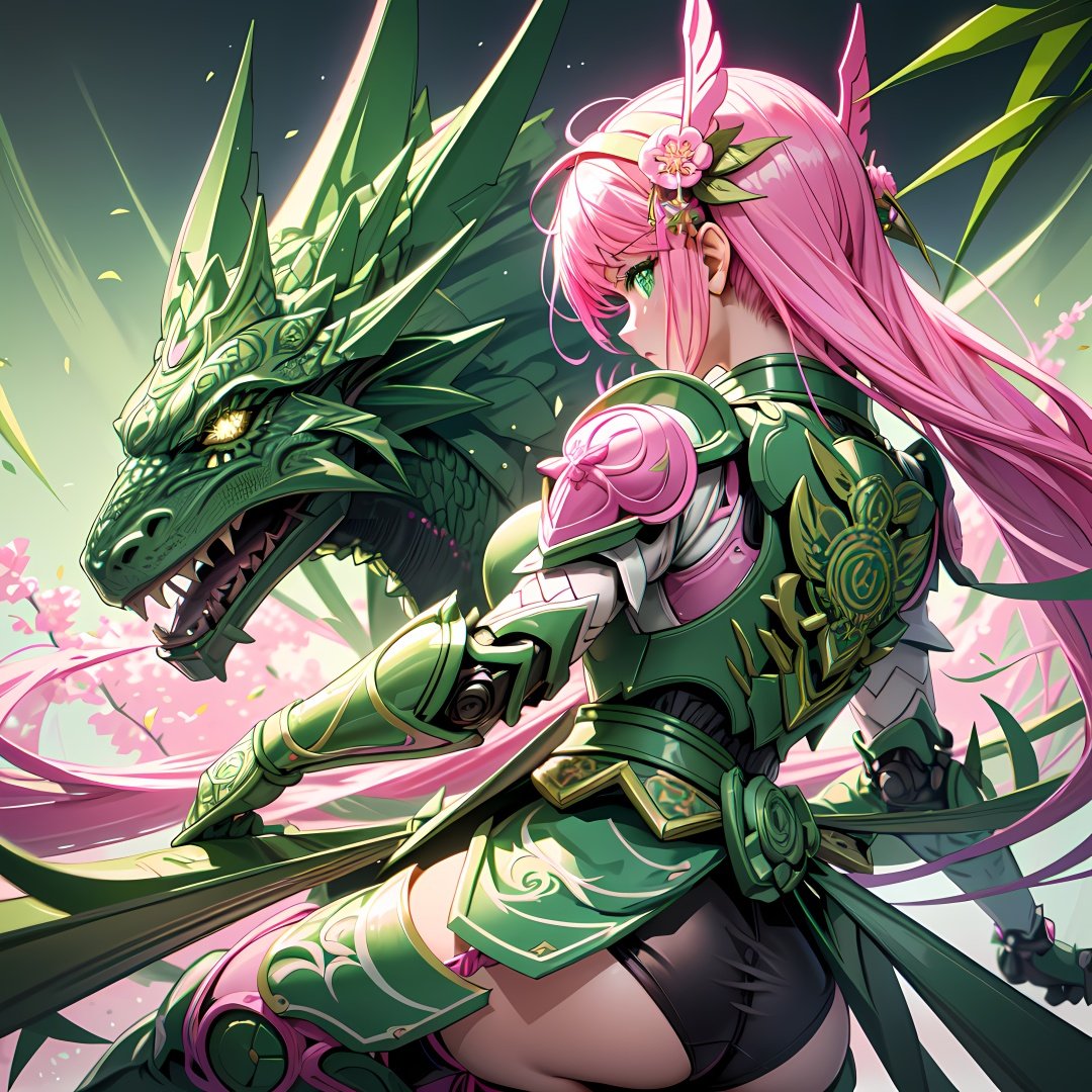 (Masterpiece,high definition, best quality, superior quality, intricate details, beautiful aesthetic:1.2),high quality, 8k, raw, ultra details, extremely detailed and beautiful,A fierce samurai warrior maiden wields a glowing pink katana as she battles an ancient green dragon amidst a magical misty bamboo forest, ribbons and leaves swirling around her. Dynamic action pose, flowing pink and green fabrics, neon lighting, intricate armor details. Japanese fantasy landscape. 8K HD --ar 2:3 --s 400 --niji 5，Girl Facing Dragon,Back to camera,Lens hyperopia <lora:AMechaSSS%5Bcolor_theme%2Cmecha%20musume%2C%20mechanical%20parts%2Crobot%20joints%2Cheadgear%5D:1>mecha musume,mechanical parts