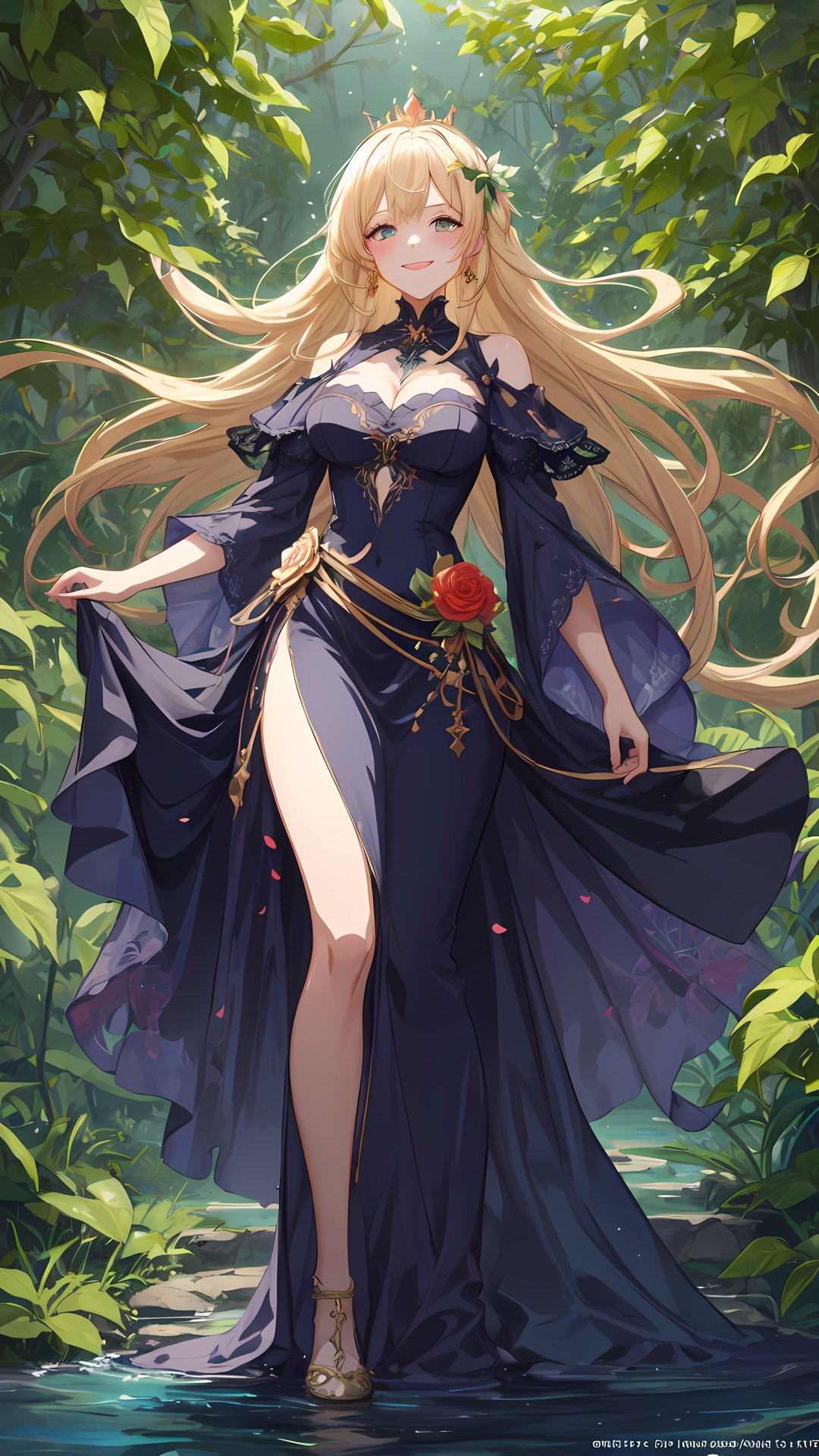 (a queen wearing a crown laughing with an evil look surrounded by vines multicolored flowers), blonde hair, windy, flowy fabric dress, whimsical atmosphere, art by loish, intricately detailed art, fantastical, beautifully color graded, Unreal Engine, splash screen, complementary colors, fantasy concept art, 8k resolution, digital art, heavy strokes,, (waifu, anime, exceptional, best aesthetic, new, newest, best quality, masterpiece, extremely detailed:1.2),<lora:add_detail:0.32>