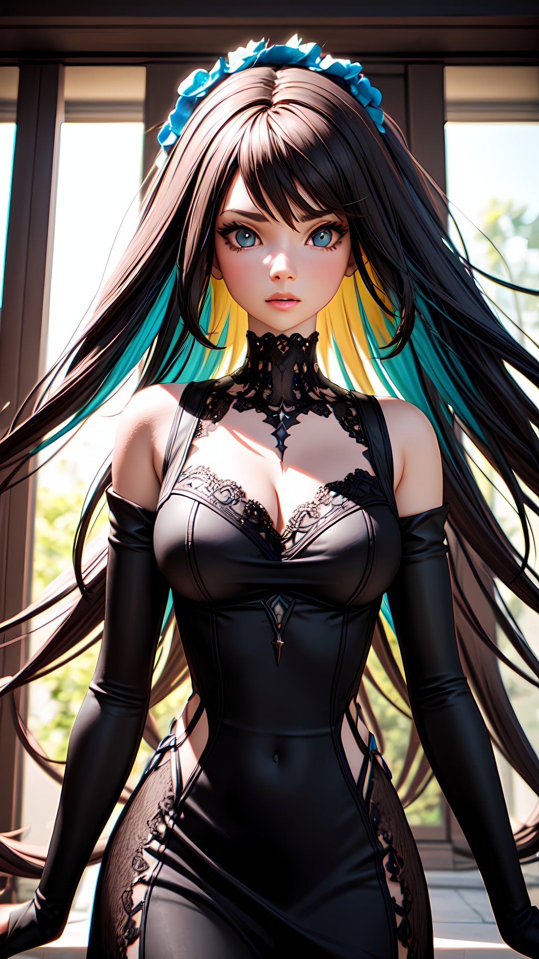 a beautiful woman, peach hair, Surrounded by trees, see-through dress, hair exploding into multicolored flowers, finely detailed features, intricate brush strokes, beautiful lighting,  Cinematic, Color Grading, Depth of Field, intricate details, Unreal Engine, Character Concept Art, creative, expressive, stylized anatomy, digital art, 3D rendering, unique, award-winning, Adobe Photoshop, 3D Studio Max, well-developed concept, distinct personality, consistent style <lora:more_details:0.5>