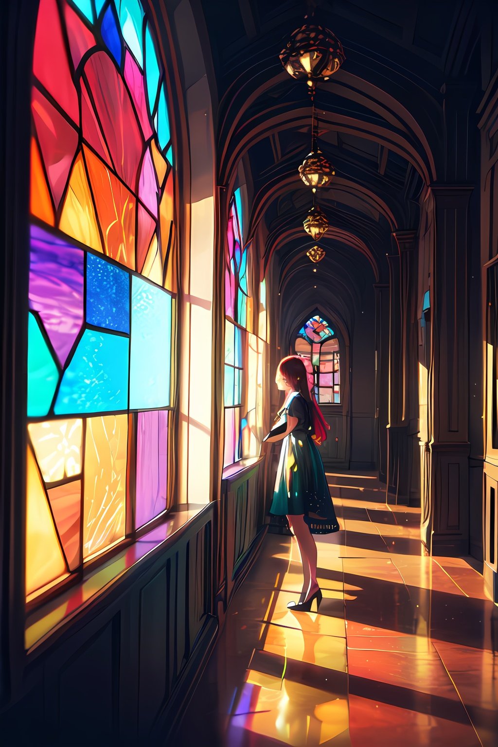 Women, Stained Glass Dress, Colored, Rainbow Background, Gold Stained Glass Weave, Rainbow Theme, Full Body, Exposure Blend, Medium Shot, Bokeh, (HDR:1.4), High Contrast, (Cinematic, Red & Cyan :0.85), (muted colors, subdued colors, calming tones:1.3), low saturation,,