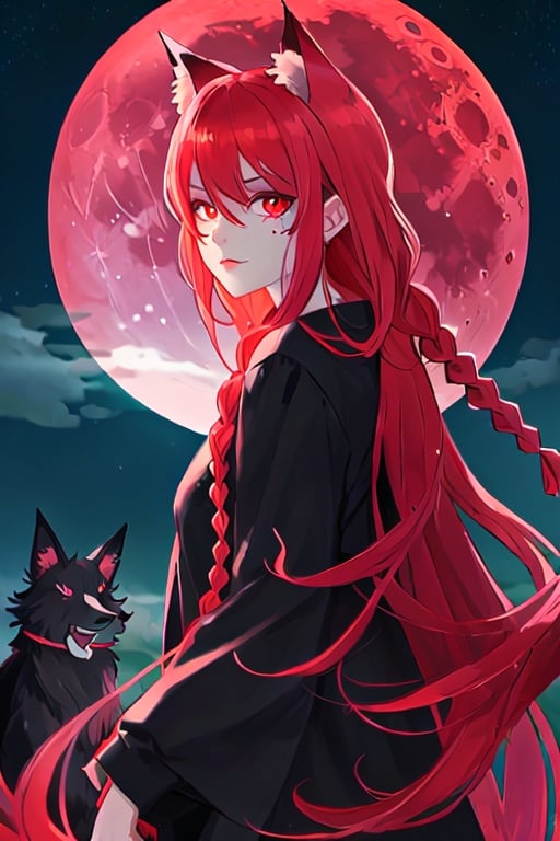 2 Face only, woman, redhead, red eyes, black fox, braided hair on one side, blood moon in background,