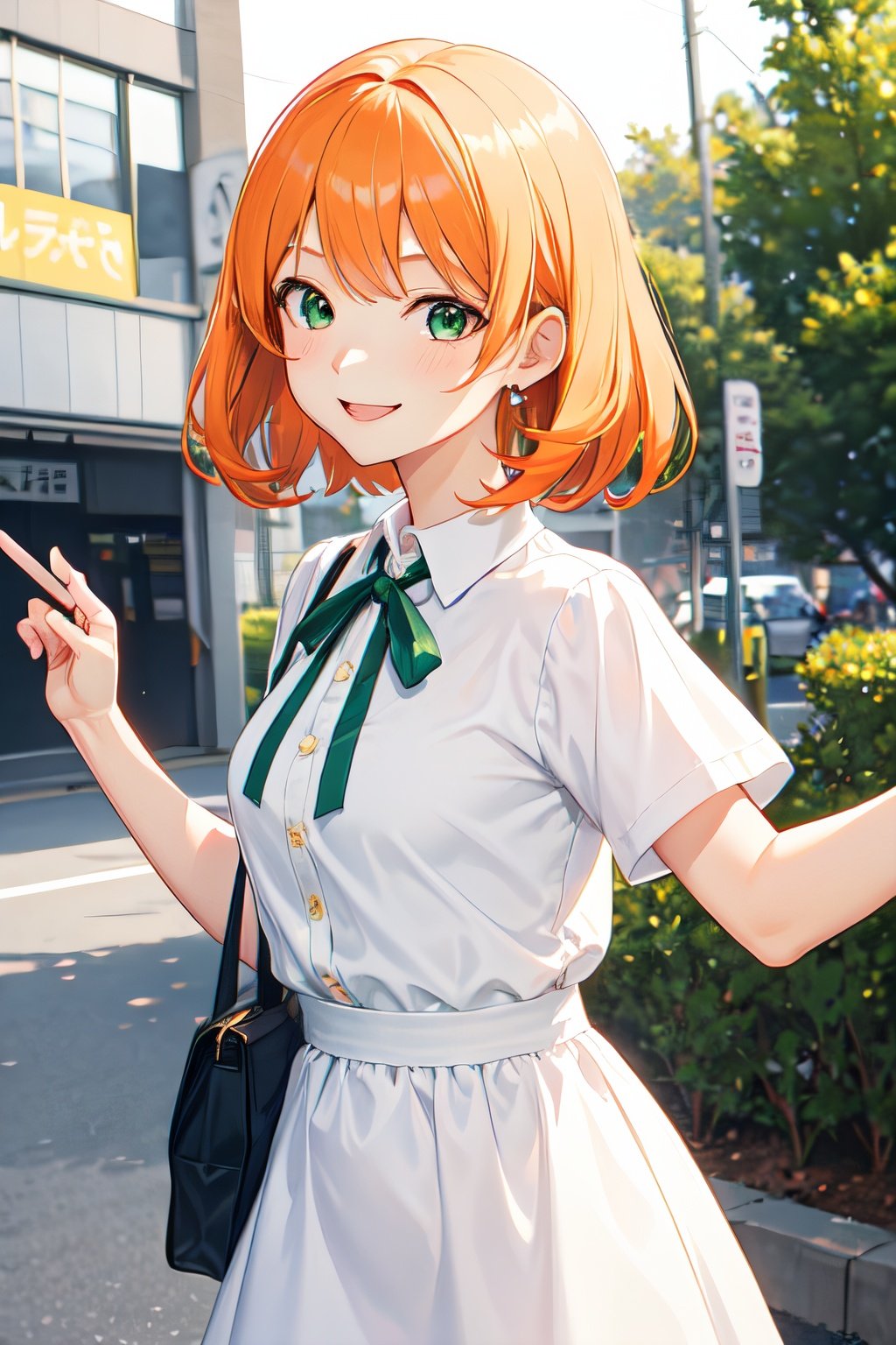 1girl, wallpaper, Yotsuba Nakano, Go Toubun no Hanayome, white dress, green ribbon, orange hair, smiling, single,