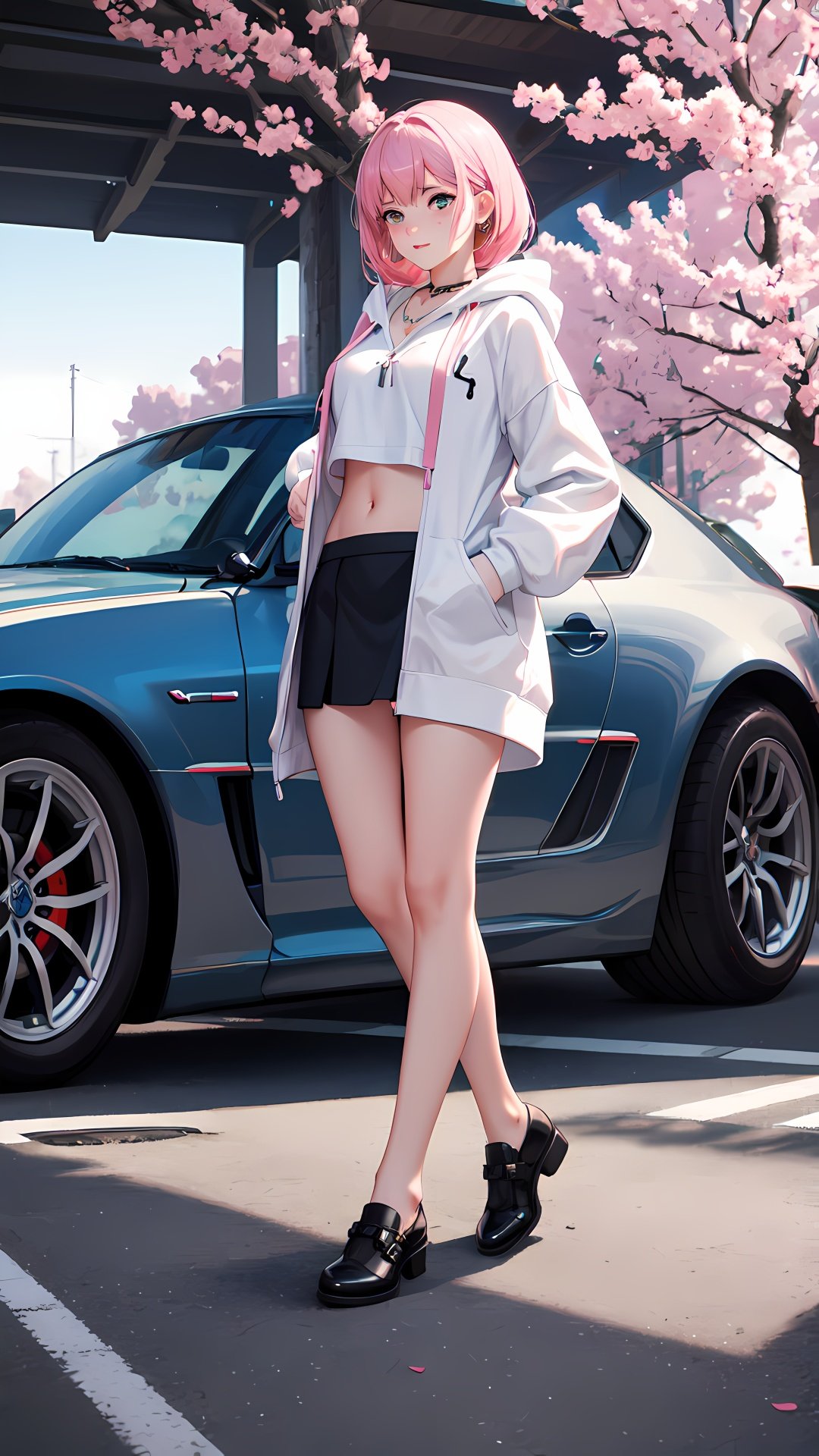 cinnannoe, hyper realistic, view angle from the sky, ultra detailed full body shot of woman in Night City, Ultra perfectly detailed pink car Nissan Silvia s14, around road sakura trees, Cyberpunk theme, white hoodie, T-shirt, black skirt, necklace, high-future vibes, head to toe image, depth of field, hyper detailed gorgeous face, natural body posture, trending on Artstation, 64k, ultra detailed, ultra accurate detailed, surrealism, ultra unreal engine, epic, freckles, stomach, legs, feets