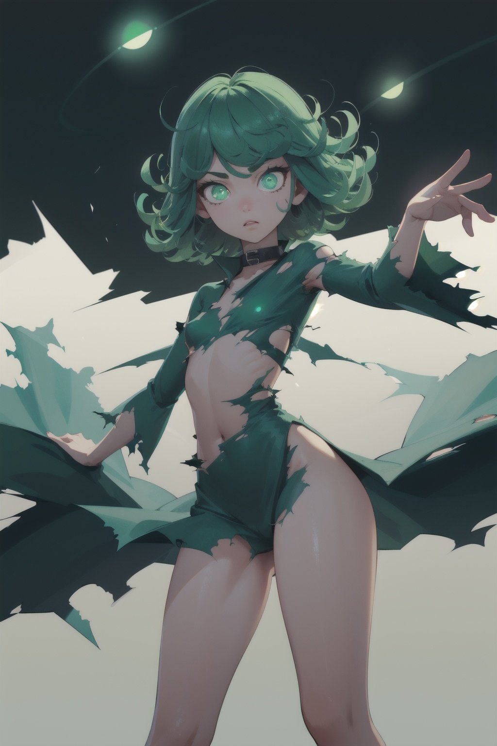 Highres, best quality, extremely detailed, area lighting in background, HD, 8k, 1girl, loli, small body, cute, (black dress, wide collar, cropped sleeves, Tatsumaki, levitating, green eyes, (glowing eyes:1.2), glowing body, green, hovering, power pose, (torn clothes:1.2)