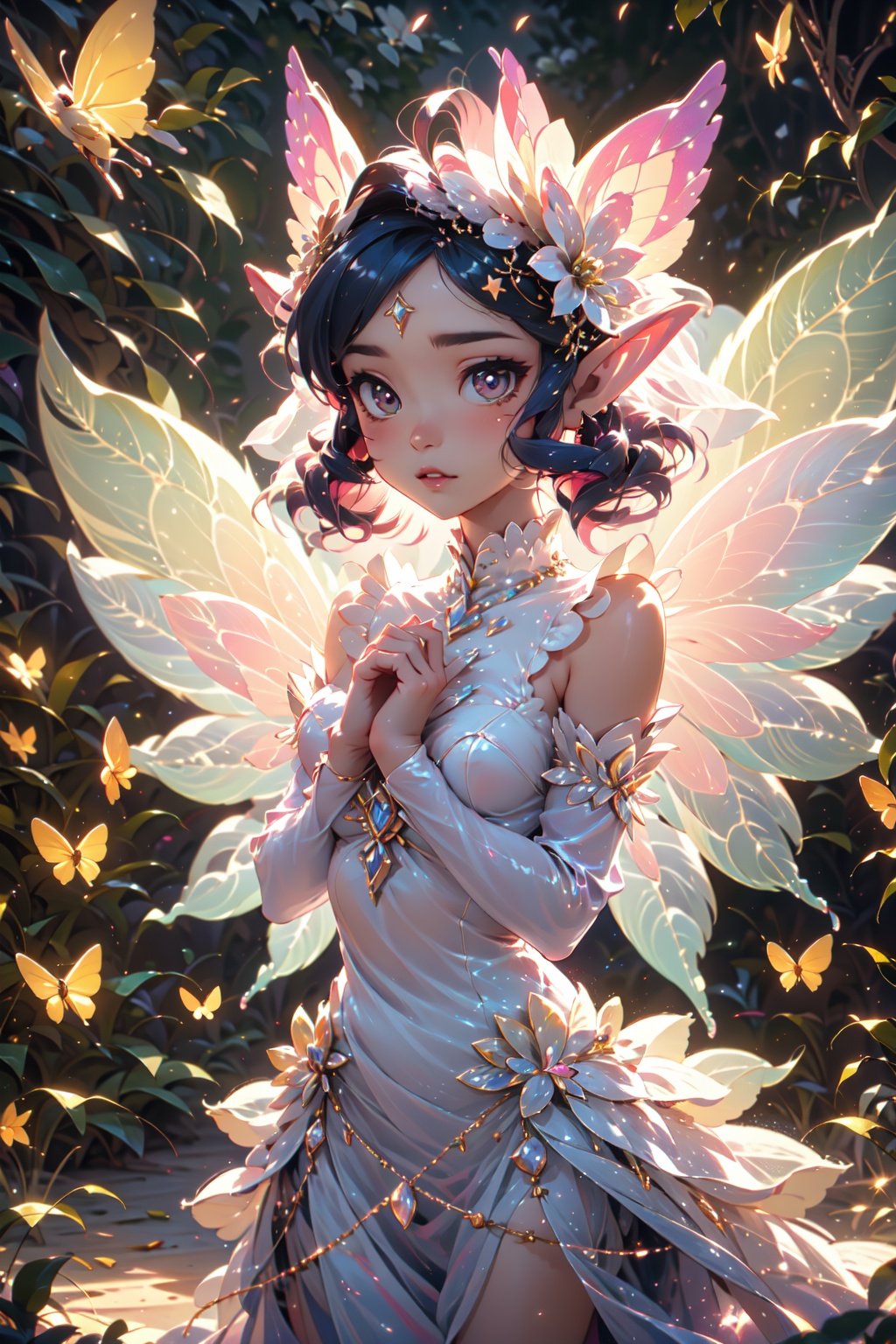 1 girl, cute, small body, fairy, butterfly_wings,gem,(levitating:1.2) hovering above ground,vibrant colors, (((bride))), night, soft lighting, Detailedface, (perfectly drawn face, perfect hands)