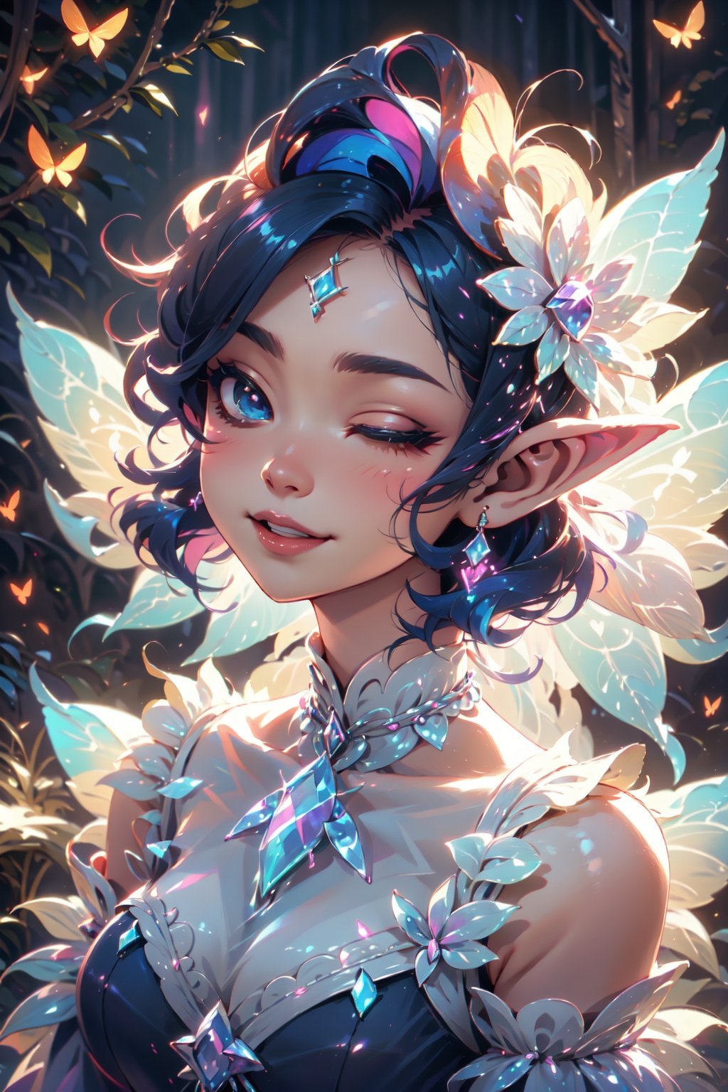 fairy, butterfly_wings,gem,vibrant colors, (((bride))), short neck, looking_at_viewer , facing front, one eye closed, winking, finger on the lip,light smile,night, soft lighting, Detailedface, (portrait:1.2), GlowingRunes_blue, 