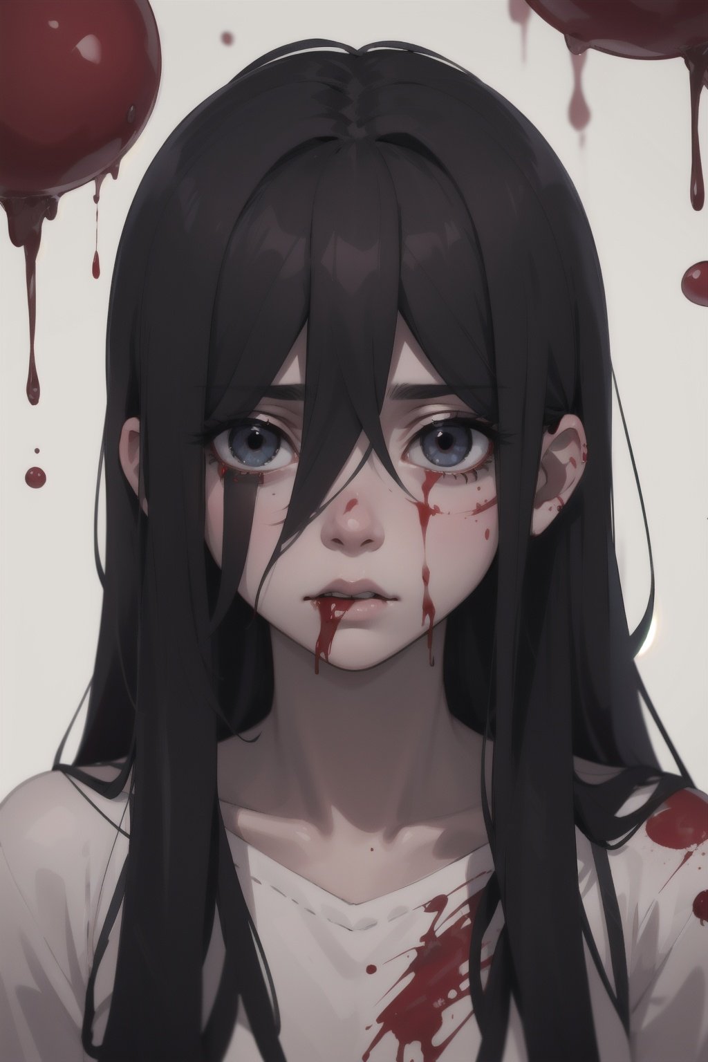 Highres, best quality, extremely detailed, area lighting in background, HD, 8k, 1girl, cute, Sadako, goth, blood splattering, bloody, bloody face,Sadako