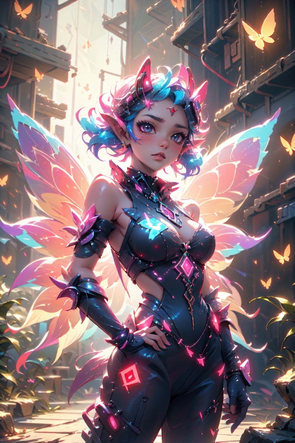 fairy, butterfly_wings,gem,vibrant colors, (((cyberpunk style))), dynamic pose, night, soft lighting, Detailedface, cowboy_shot, GlowingRunes_red