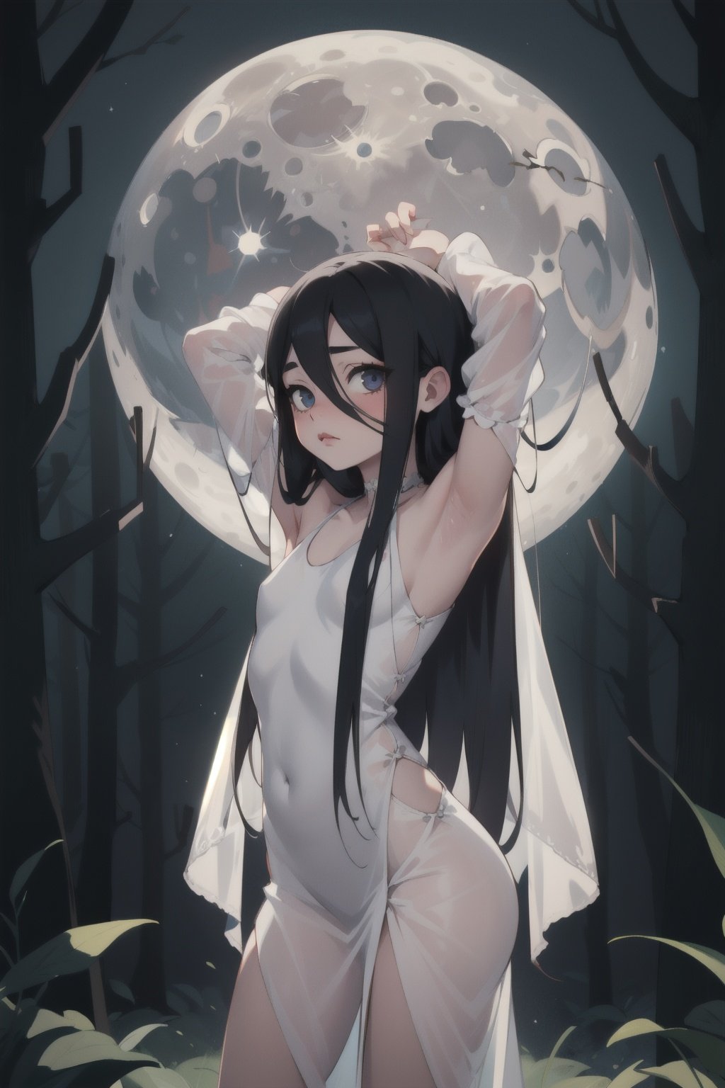 (masterpiece, best quality) 1girl, loli, cute, goth, sfw, sideless, small breasts, armpit, Sadako, see through clothes, white dress, long gown, loose clothes, night, dark forest, enchanted, moon light, cowboy shot, looking at viewer
