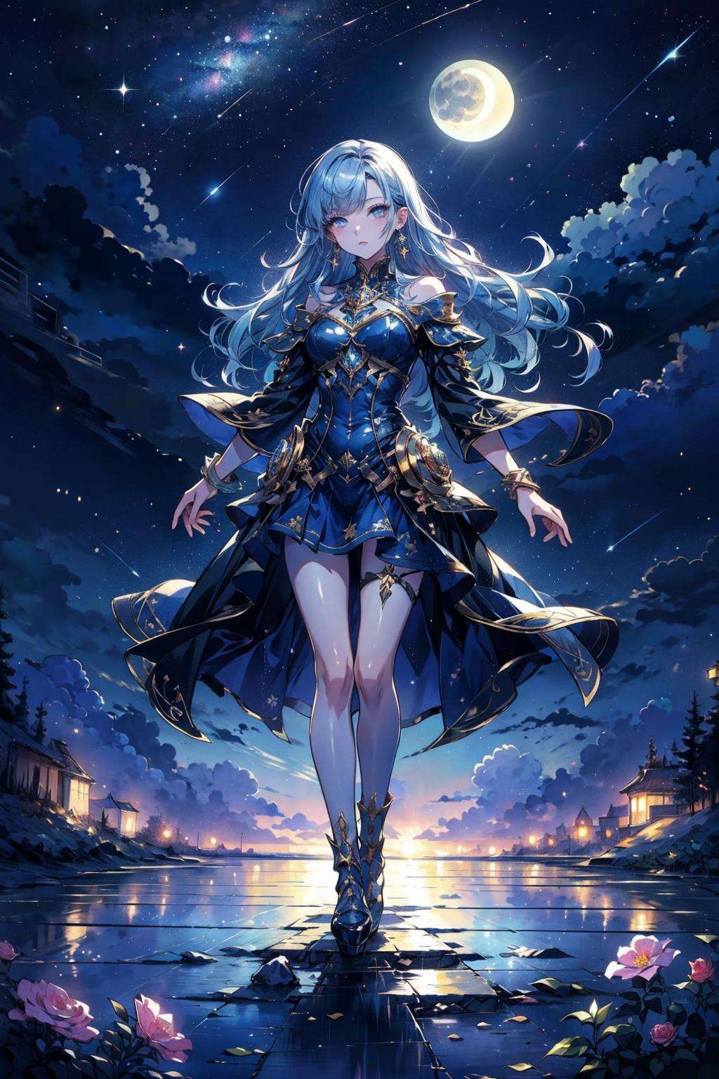 (best quality),((masterpiece)),(highres),,1girl, solo, full body, jewelry, earrings, long hair, standing,The starry night sky, the moonlight bright,.(quality detailed face and eyes), (Beautiful and detailed eye description),(Beautiful and detailed facial depiction),depth_of_field, light spots, Global illumination,.original,(masterpiece), colorful, intricate detail,artbook,,concept art,ambient lighting,.,flower, <lora:EMS-1715-EMS:0.7>