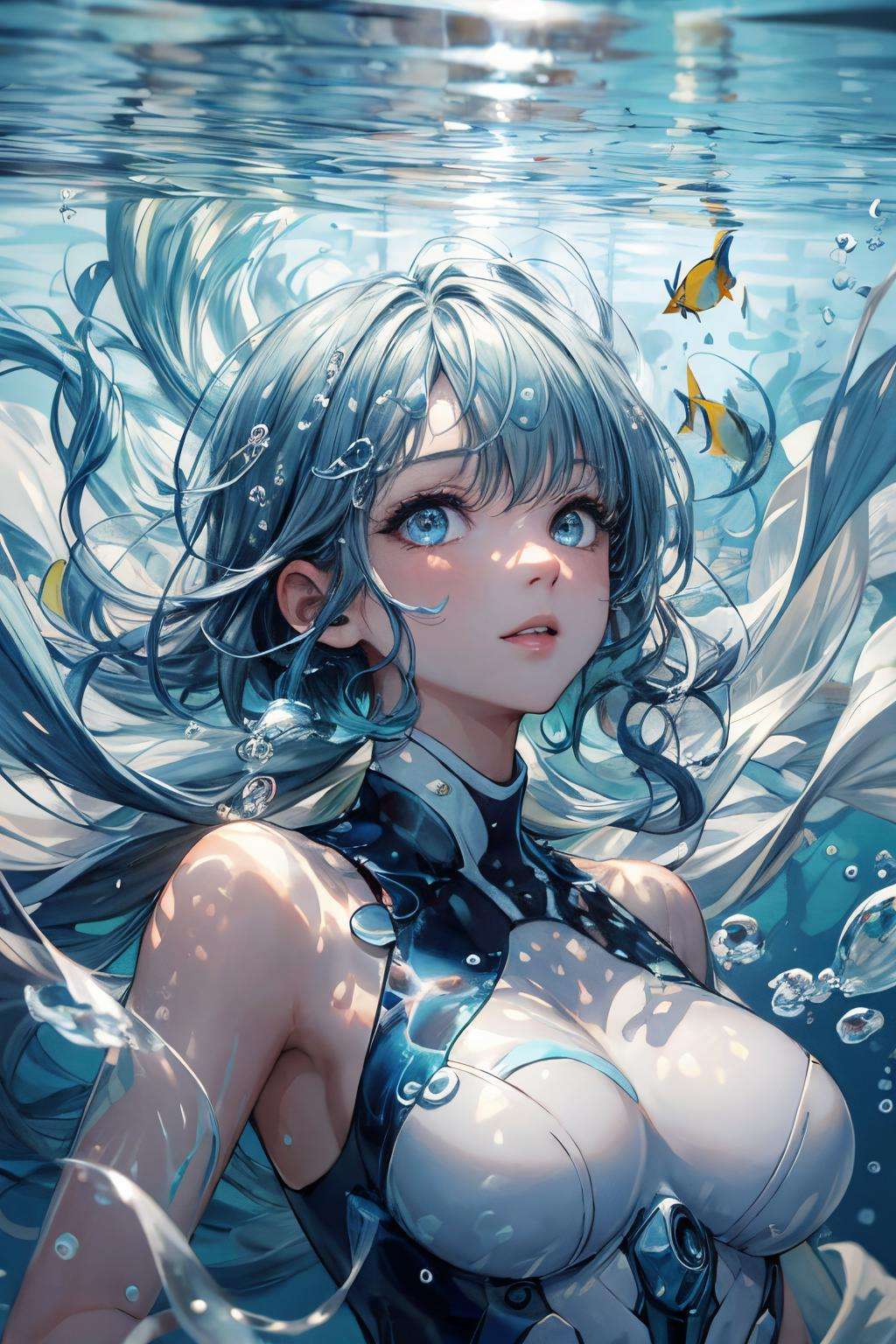 abstract background,(illustration:1),masterpiece,best quality,detailed face and eyes,1 girl,underwater hair physics,air bubbles,light coming through water,reflections,laying in water,split layers of water,school of fish,beauty,